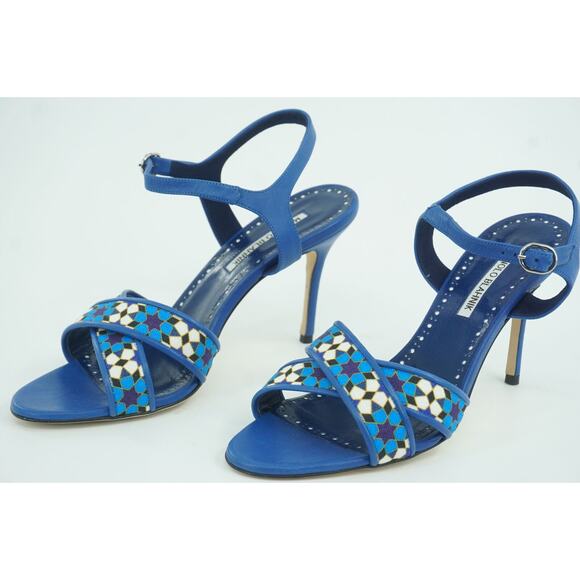 Manolo Blahnik Talitha Linen Strap Blue Floral Sandals size 39.5 Ankle - Picture 4 of 11
